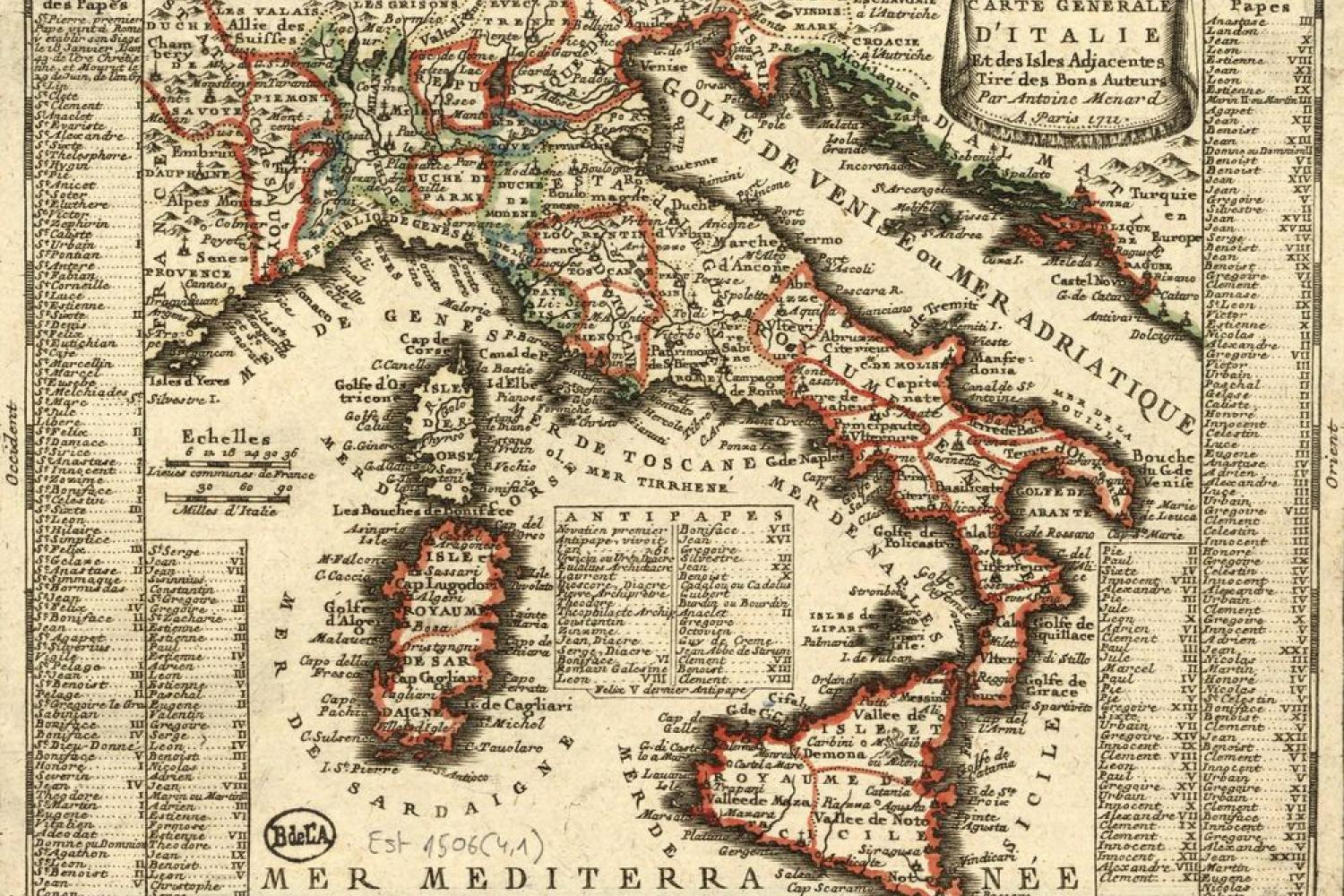 Carte generale d'Italie et des Isles adjacentes tiré des bons auteurs, par Antoine Menard - 1711 - BnF