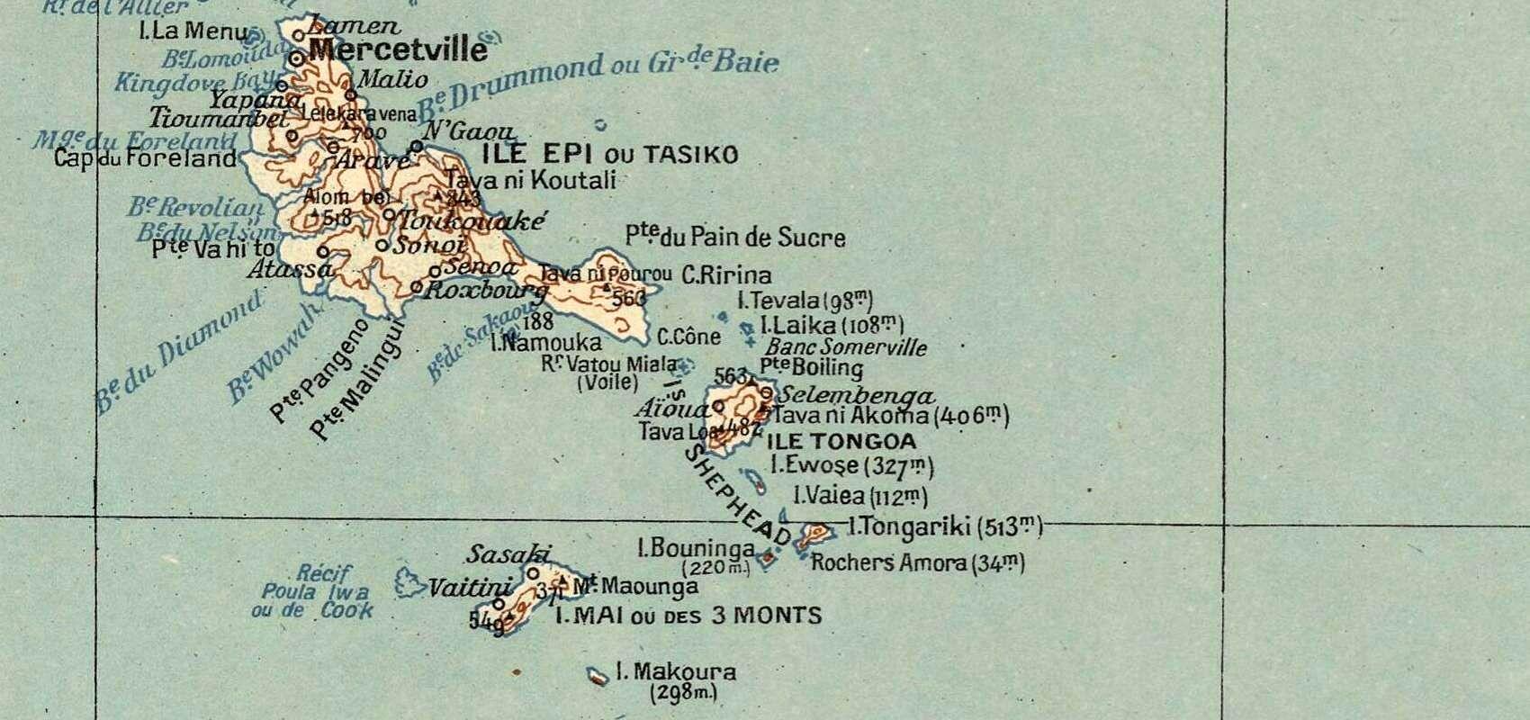 Détail de la carte de l'archipel des Nouvelles-Hébrides (Vanuatu) – Îles Epi ou Tasiko, Tongoa et Mai ou des 3 Monts - 1917 - BnF, département des Cartes et plans