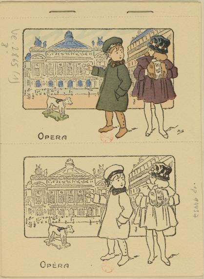 A travers Paris. Tome 1 : album de cartes postales à colorier. Dessins de H. Gray. Paris, 1920.