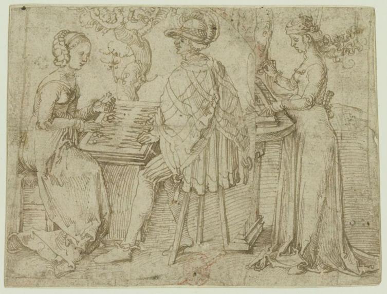 Couple assis jouant au trictrac et dame debout jouant aux échecs. Albrecht Dürer, dessin, 1492-1493