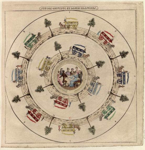 Double cercle comprenant 12 cases, dans chacune desquelles figure un omnibus. Au centre, groupe de 9 personnes jouant à l'omnibus.
