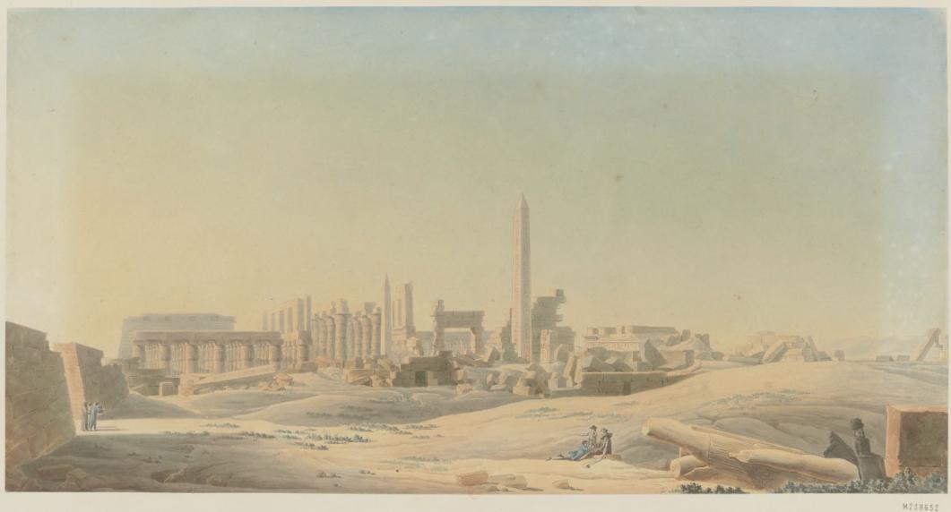 Karnak : vue des ruines de la salle hypostyle et des appartements de granit du palais. François-Charles Cécile et Charles-Louis Balzac. 1798-1812. Dessin. 