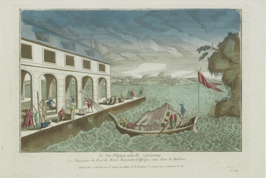 30e Vue d'Optique Nouvelle, representant les Magasins du Port de Maroc Royaume d'Affrique, situé dans la Barbarie. Estampe. 1800.