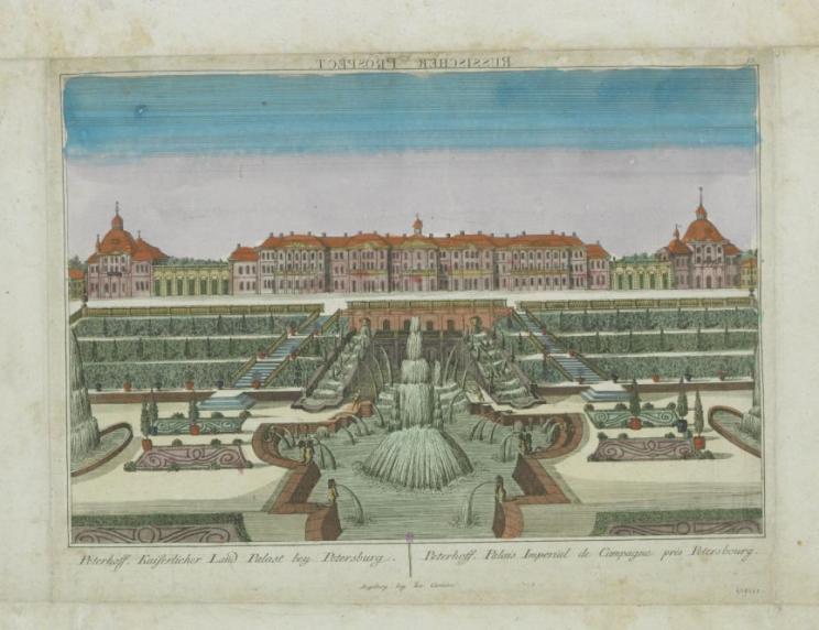 Peterhoff, Palais Impérial de Campagne près Petersbourg.Peterhoff, Kaiserlicher Land Palast bey Petersburg. 1790. Estampe. 