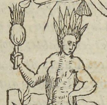 « Des faux prophètes et magiciens de ce pays qui communiquent avec les esprits malins » par André Thevet (1516-1590) (détail de la coiffe et de la maraca)