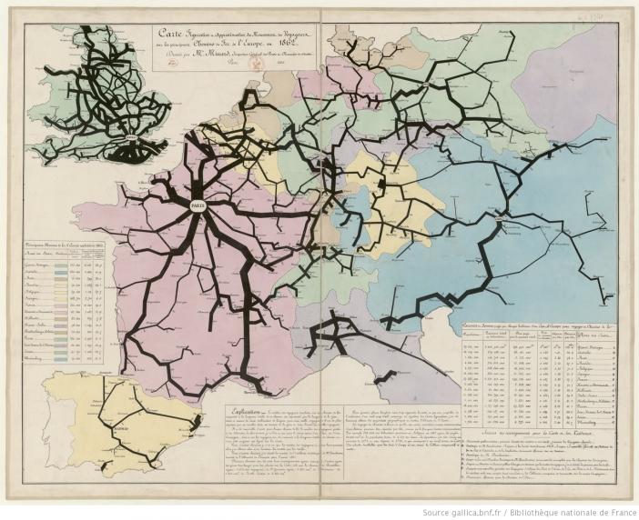 Carte figurative et approximative du mouvement des voyageurs sur les principaux chemins de fer de l'Europe en 1862 - 1864