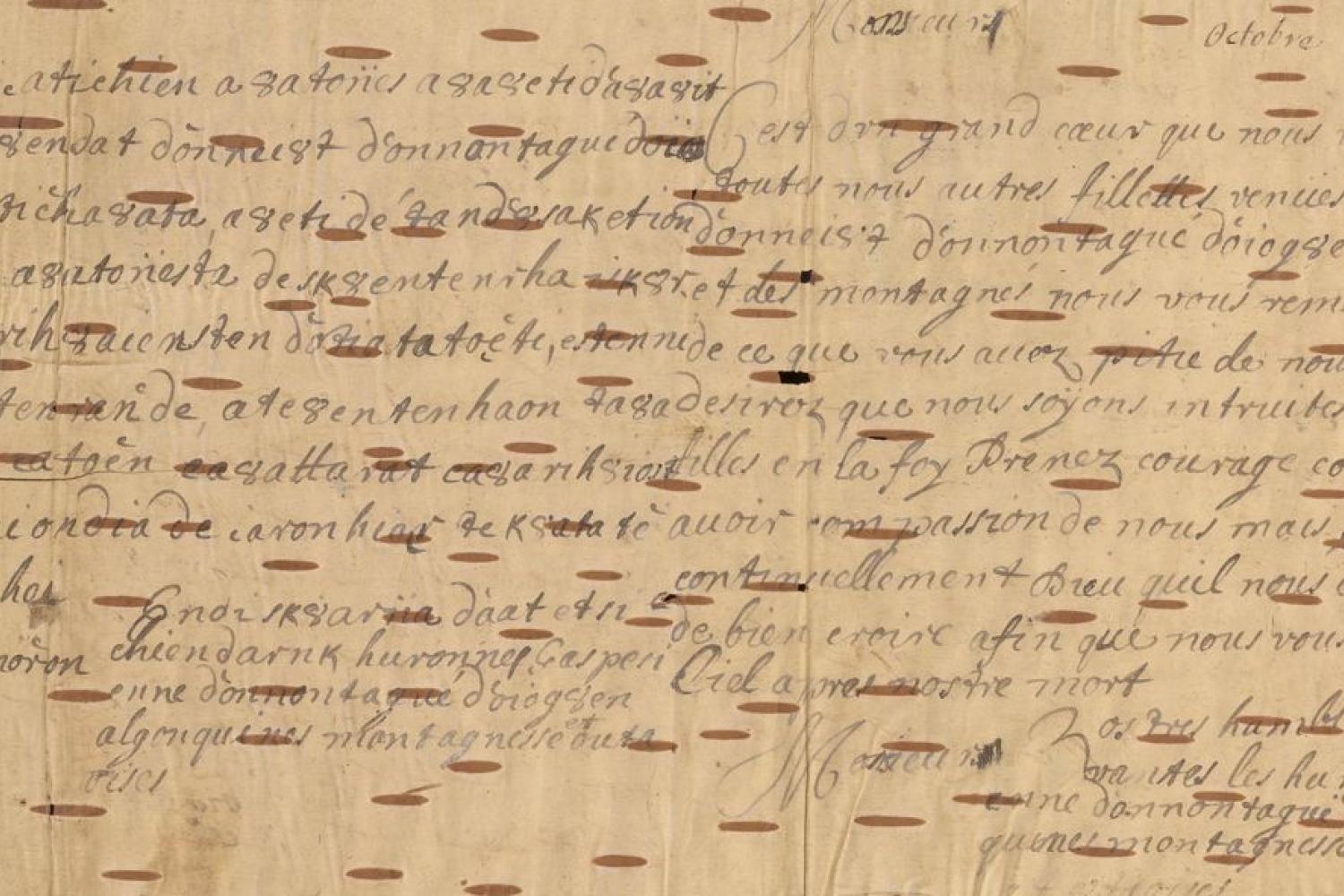 Lettre du P. Joseph Poncet, de la Compagnie de Jésus, 1647, écrite sur écorce de bouleau, faute de papier, pendant la mission du  jésuite chez les Hurons -  - BnF, Dpt. des Manuscrits 