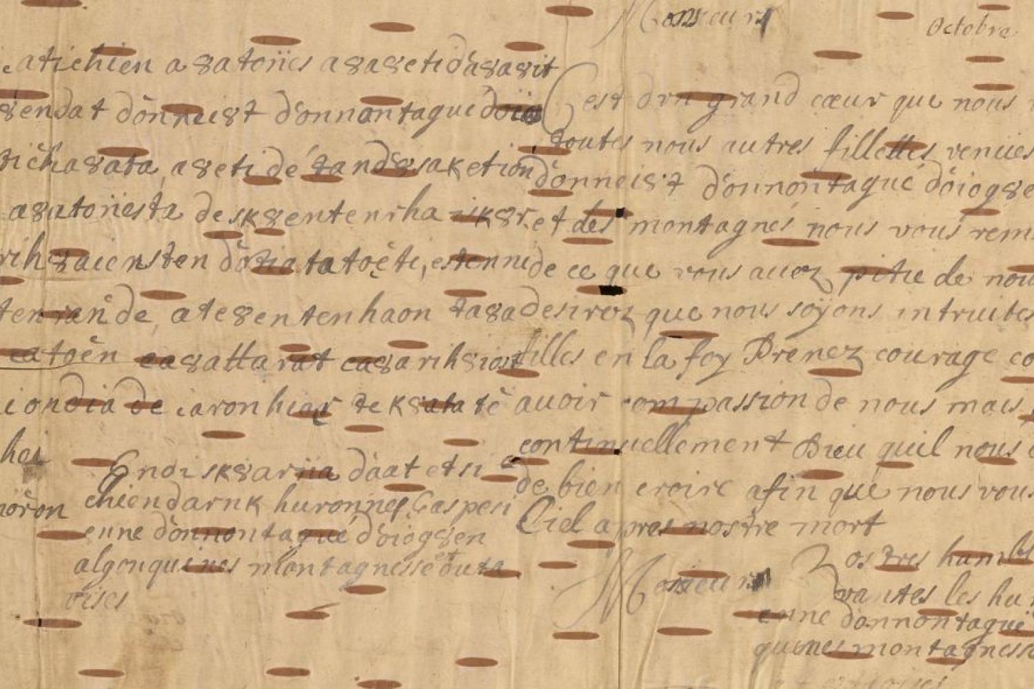 Lettre du P. Joseph Poncet, de la Compagnie de Jésus, 1647, écrite sur écorce de bouleau, faute de papier, pendant la mission du jésuite chez les Hurons - - BnF, Dpt. des Manuscrits