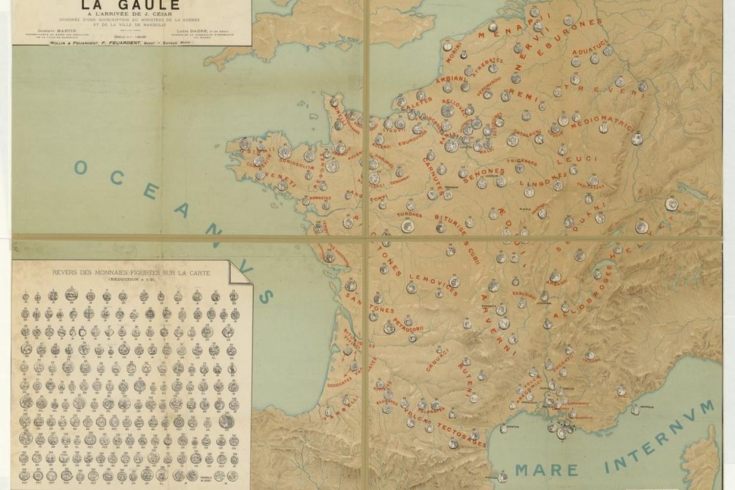 Carte numismatique oro-hydrographique de la Gaule à l'arrivée de Jules César (vers 1900). BnF, département des Monnaies, médailles et antiques -  - BnF