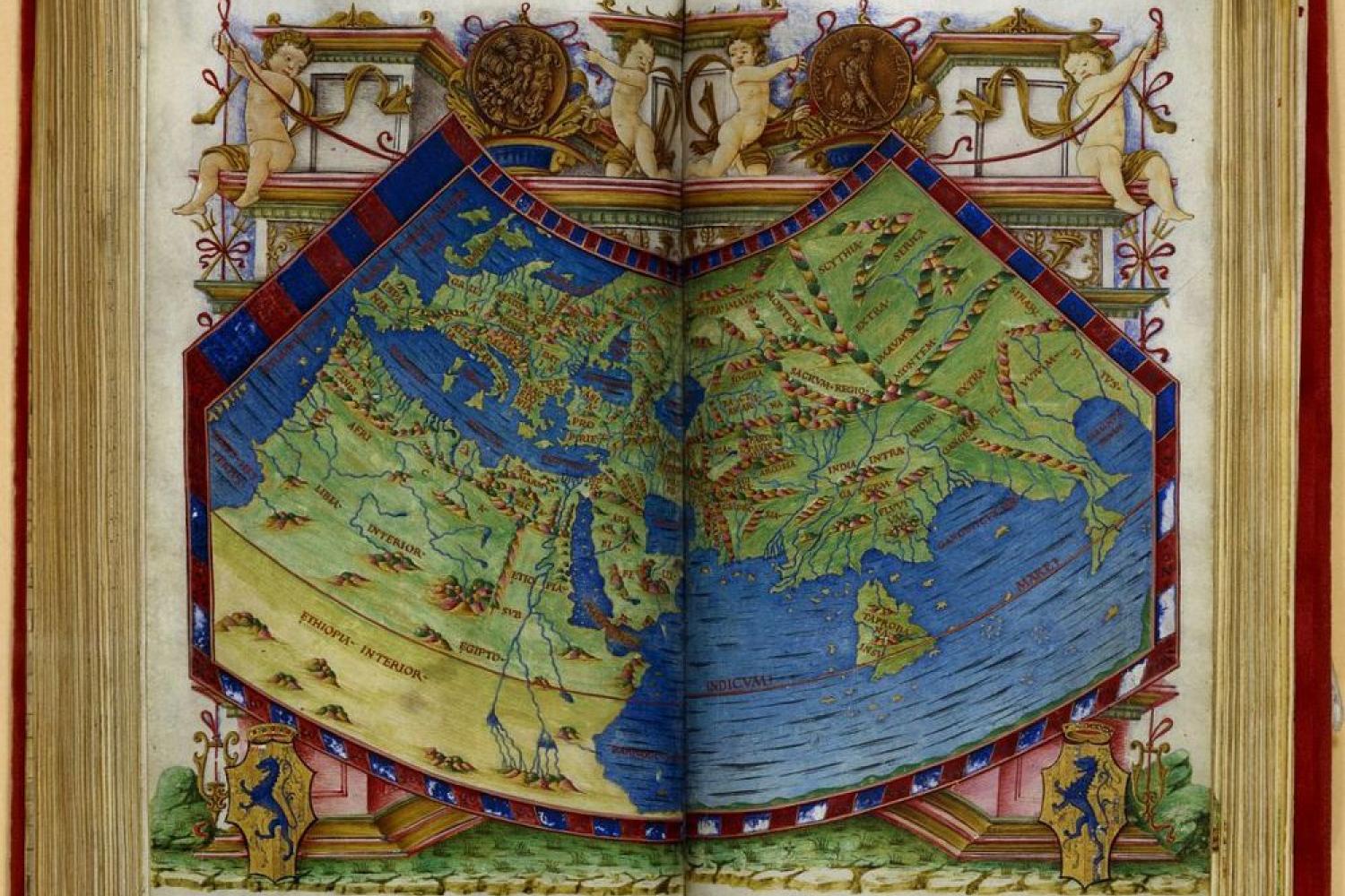 Mappemonde extraite de la « Cosmographie », Claude Ptolémée, Claude Ptolémée, traduction latine par Jacopo d'Angelo, Naples, 1490. BnF, département des Manuscrits -  - BnF