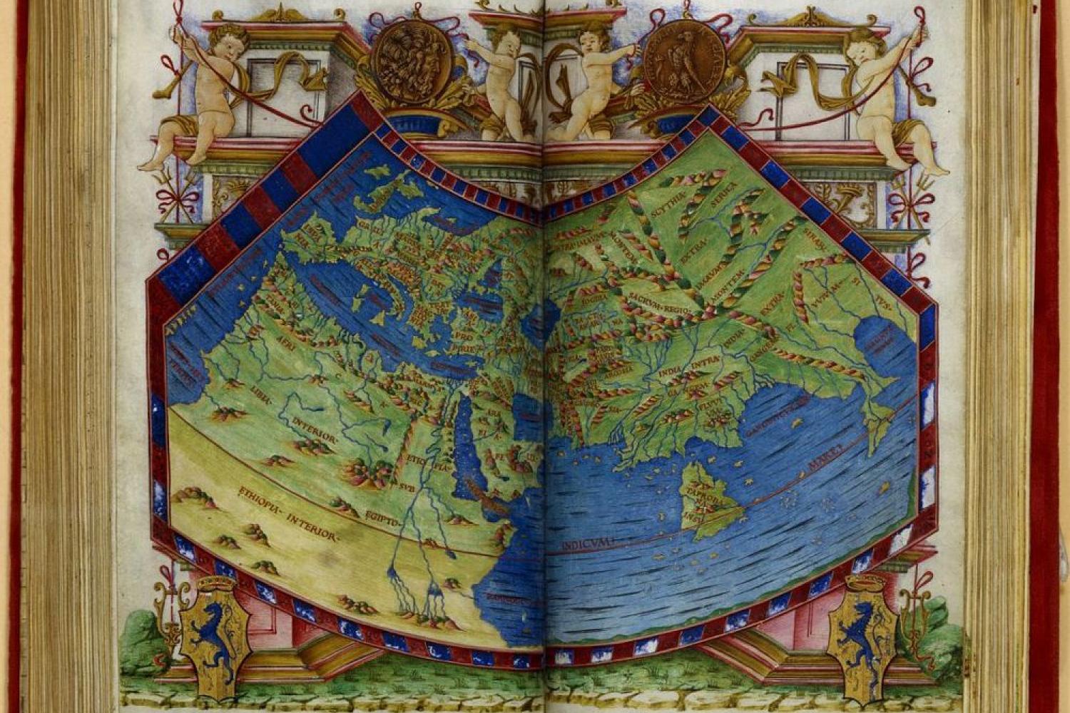 Mappemonde extraite de la « Cosmographie », Claude Ptolémée, Claude Ptolémée, traduction latine par Jacopo d'Angelo, Naples, 1490. BnF, département des Manuscrits - - BnF
