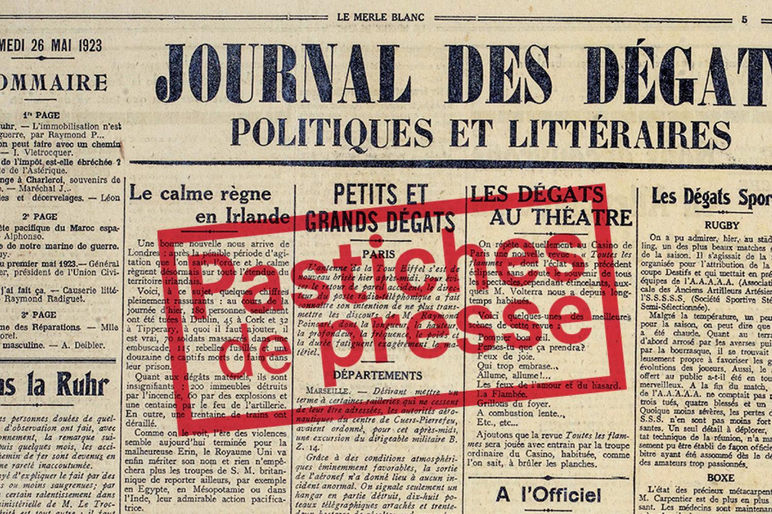 « Journal de dégâts politiques et littéraires », publié en page 5 du « Merle blanc » - 26 mai 1923 - BnF, département Droit, économie, politique