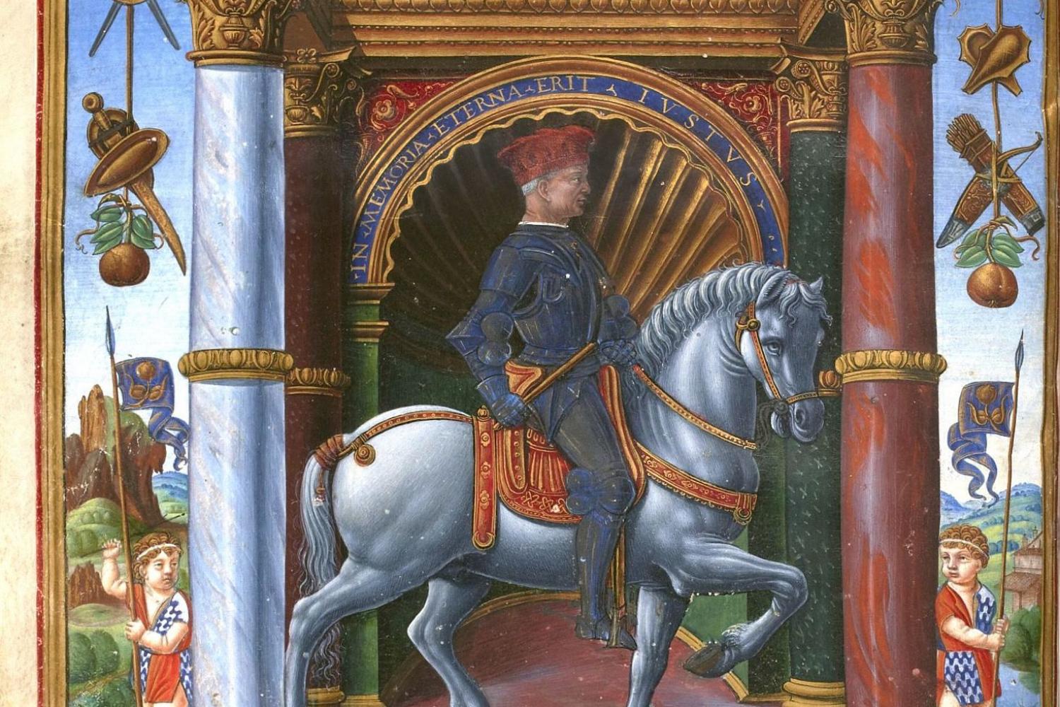 Portrait équestre du condottiere Muzio Attendolo Sforza, dans Vita di Muzio Attendolo Sforza (Vie de Muzio Attendolo Sforza), Antonio Minuti, Milan (détail) - Milan,1491 - © BnF, département des Manuscrits