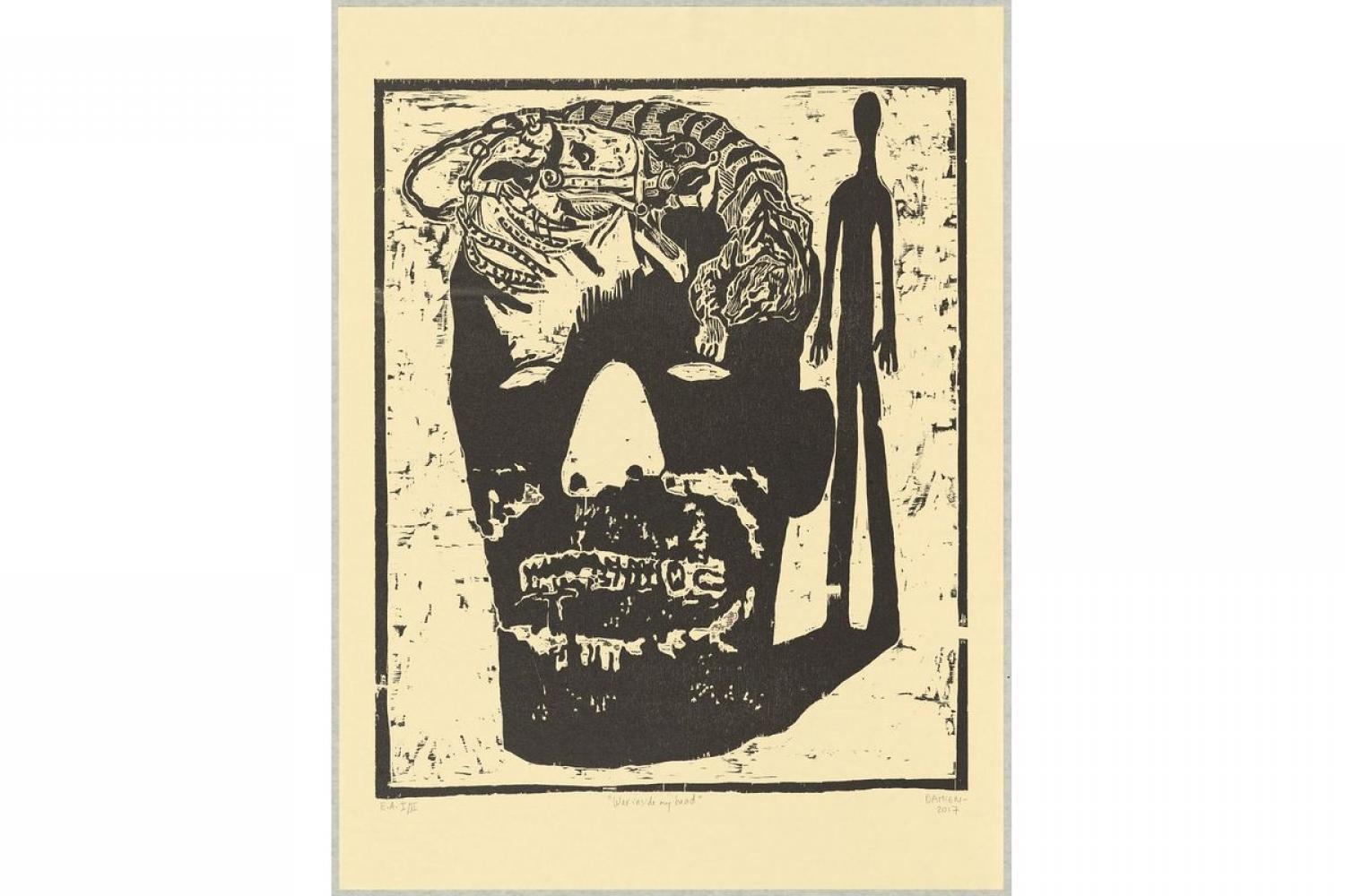 « War inside my head », gravure sur bois, éd. Jordan-Seydoux, 85 × 64 cm - 2017 - © Damien Deroubaix / © ADAGP, Paris, 2024. Photo BnF, Paris