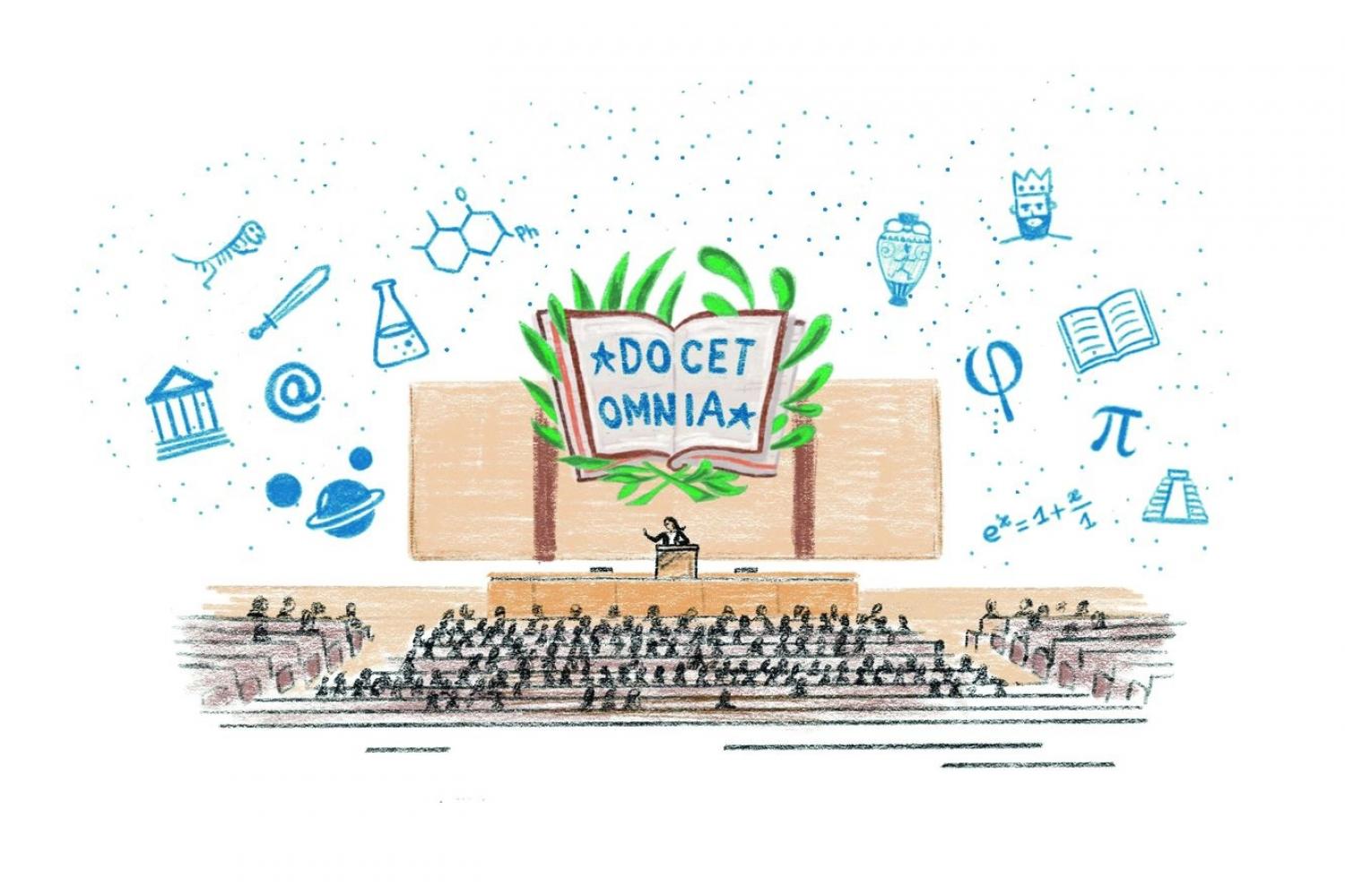 « Docet omnia » (on enseigne tout) est la devise du Collège de France. - 2024 - Illustration Claire Ardenti/BnF