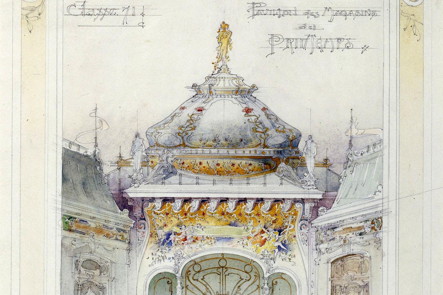 Frantz Jourdain (1847-1935), Dessin du pavillon des magasins du Printemps à l'exposition universelle de 1900 -  - BnF, Réserve des livres rares, ZG-2-FT 4