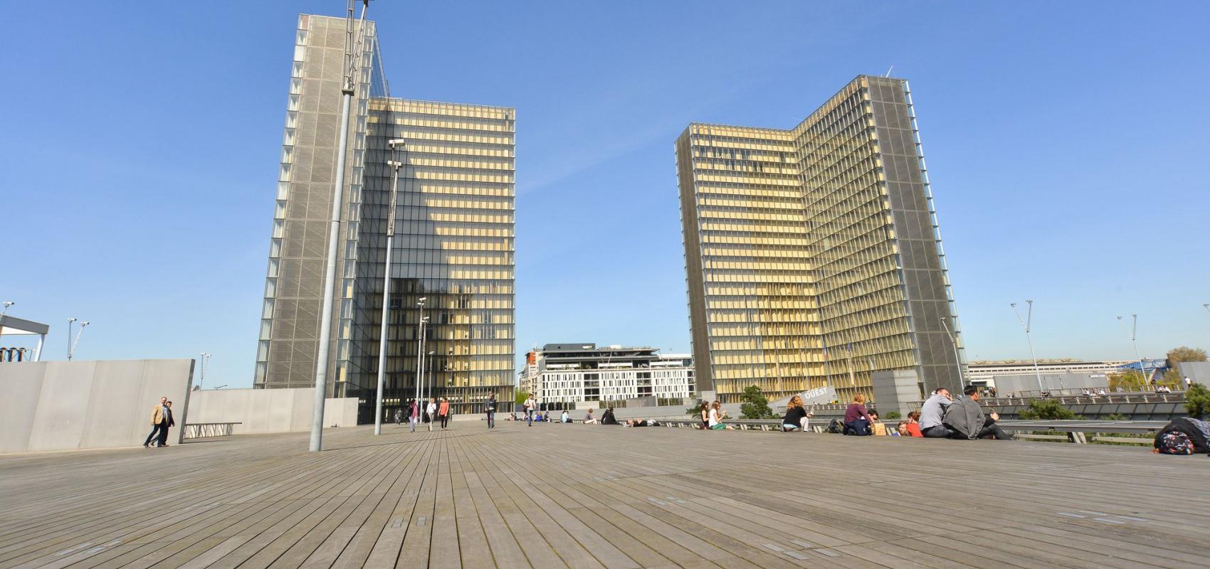 Vue de deux tours du site François-Mitterrand depuis l'esplanade -  - BnF