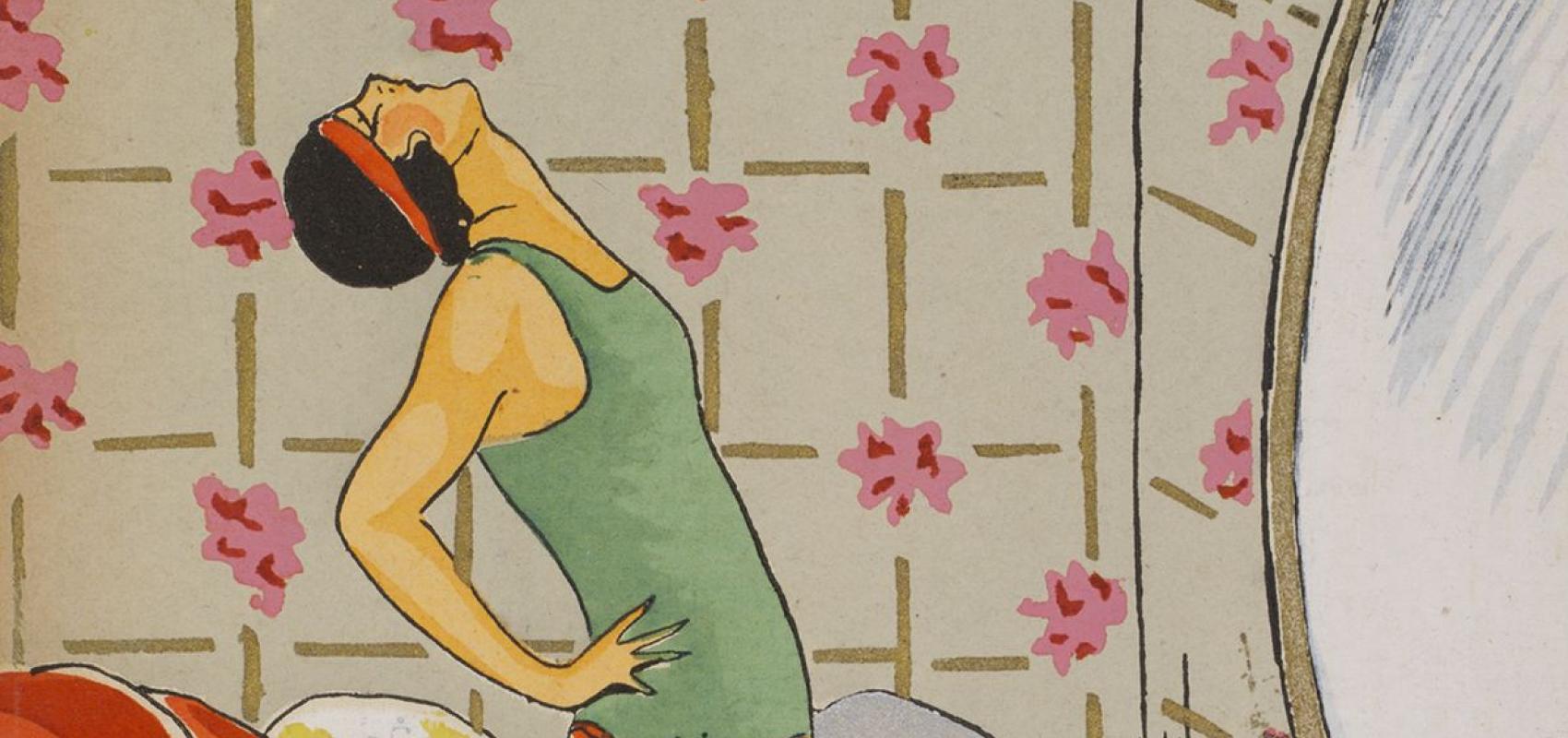 Dr Mortat, Culture physique de la femme élégante, Paris, Nilsson, 1920 Pl. de G. P. Joumard, Extension du dos devant le miroir (figure aquarellée) Légende Dr Mortat, Culture physique de la femme élégante, Paris, Nilsson, 1920 - - G. P. Joumard
