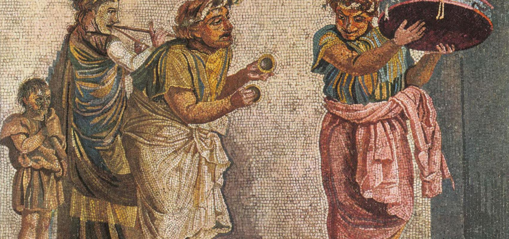 Les Musiciens ambulants  mosaïque Dioskuridès di Samo, de la villa Cicéron à Pompei -  - BnF