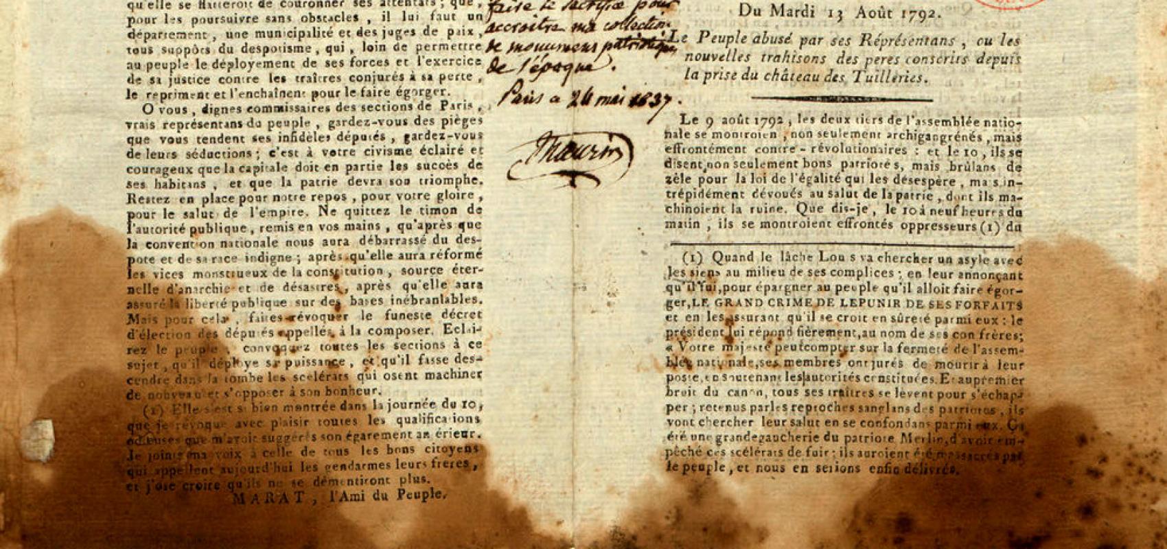 Exemplaires de l'Ami du Peuple taché du sang de Marat -  - BnF