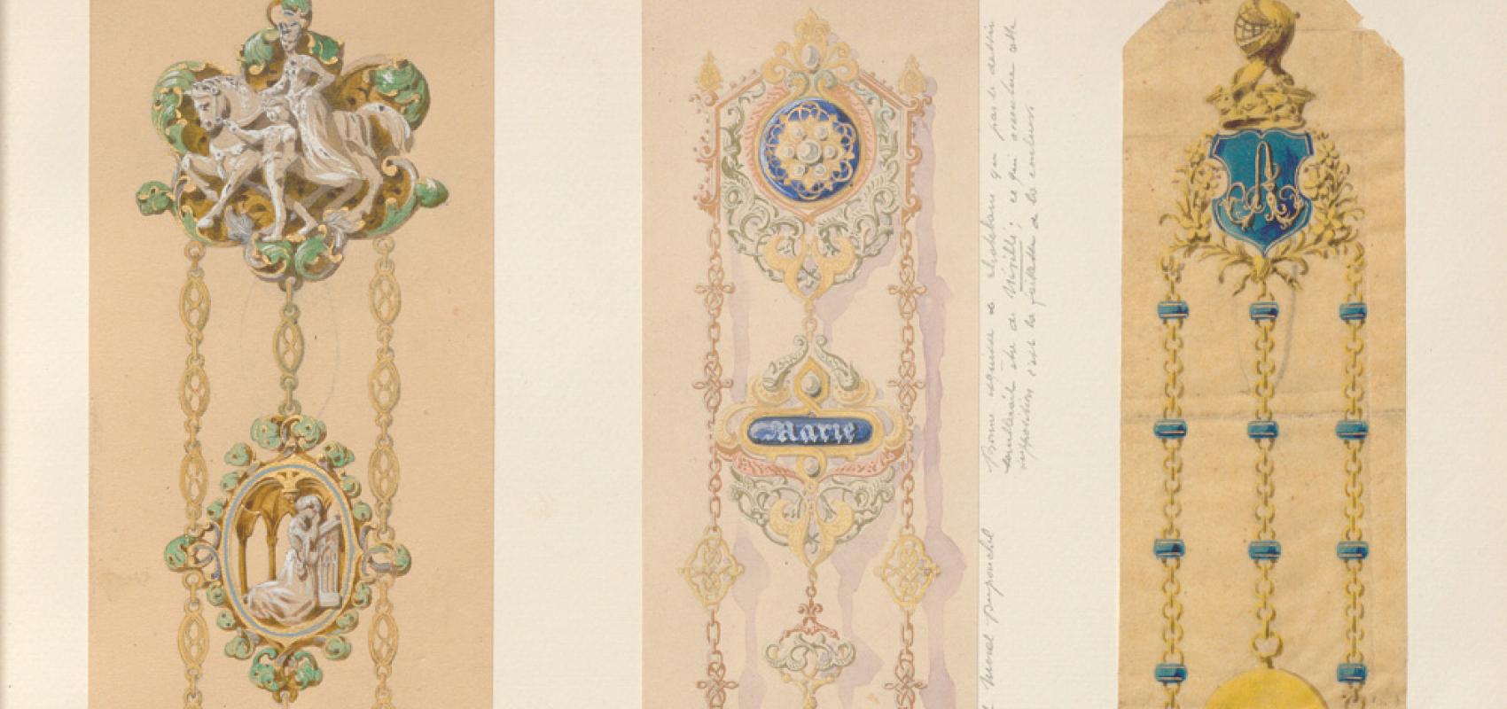 Projet de châtelaine d’esprit médiéval, graphite et aquarelle sur papier, années 1840 - - Jean-Valentin Morel ? – Bibliothèque de l’INHA, collections Jacques Doucet