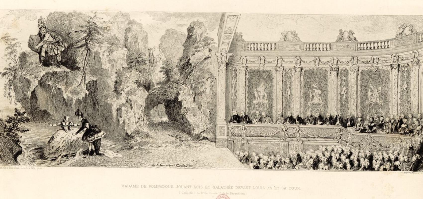 Madame de Pompadour jouant Acis et Galathée [sic] devant Louis XV et sa cour de Charles Nicolas Cochin fils -  - BnF