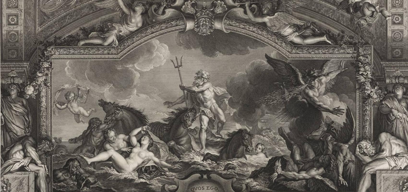 Neptune ordonne à Éole de calmer les flots – Estampe de Bernard Picart, d'après la peinture d'Antoine Coypel - 1717-1749 - BnF, département des Estampes et de la photographie
