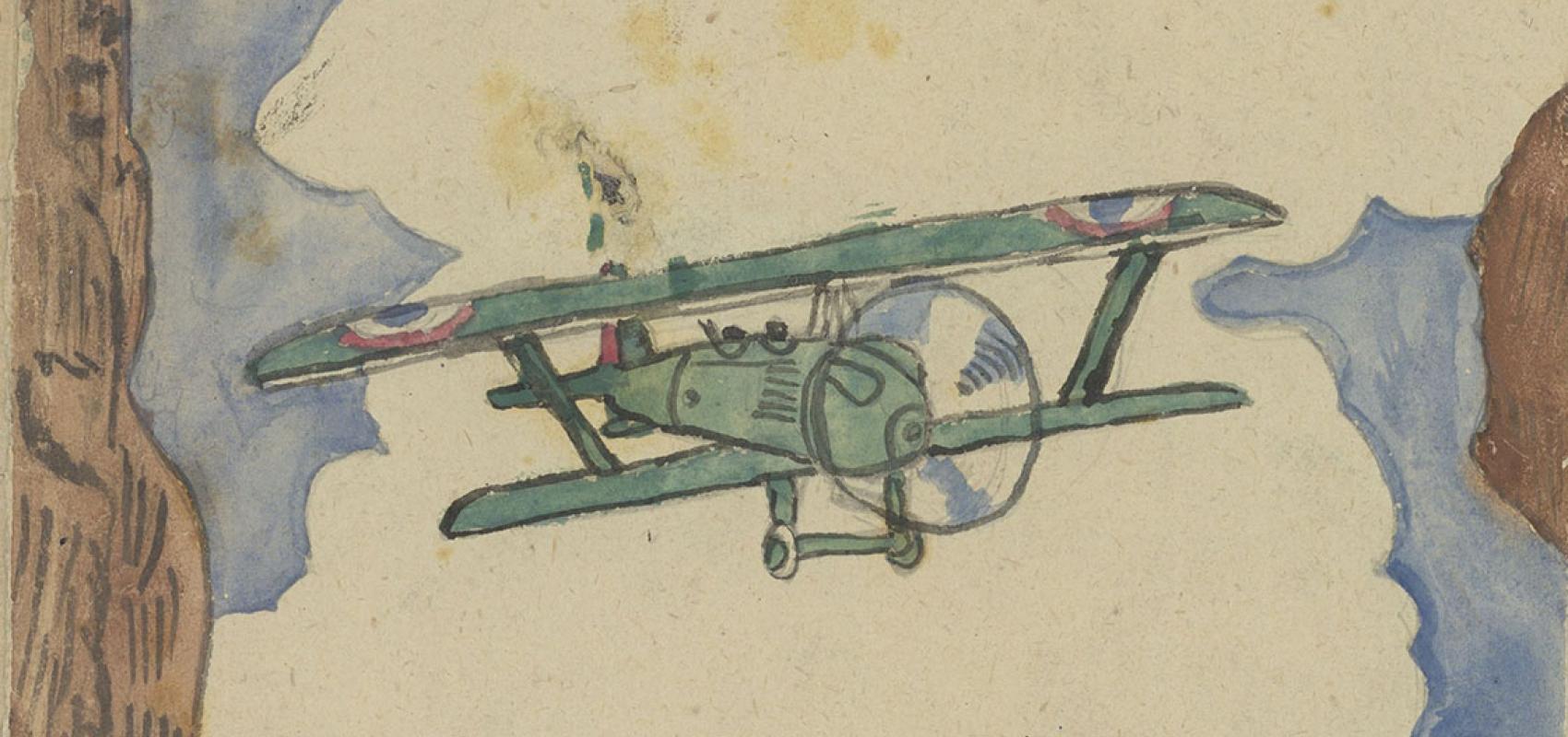 Max Tetelbaum,  « Avion », planche d’un Cahier de 13 dessins, dessin au crayons de couleur, aquarelle, encre noire.  BnF, département des Estampes et de la photographie  -  - BnF