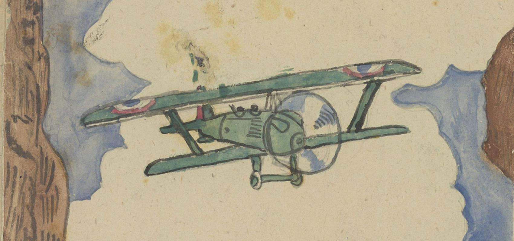Max Tetelbaum, « Avion », planche d’un Cahier de 13 dessins, dessin au crayons de couleur, aquarelle, encre noire. BnF, département des Estampes et de la photographie - - BnF