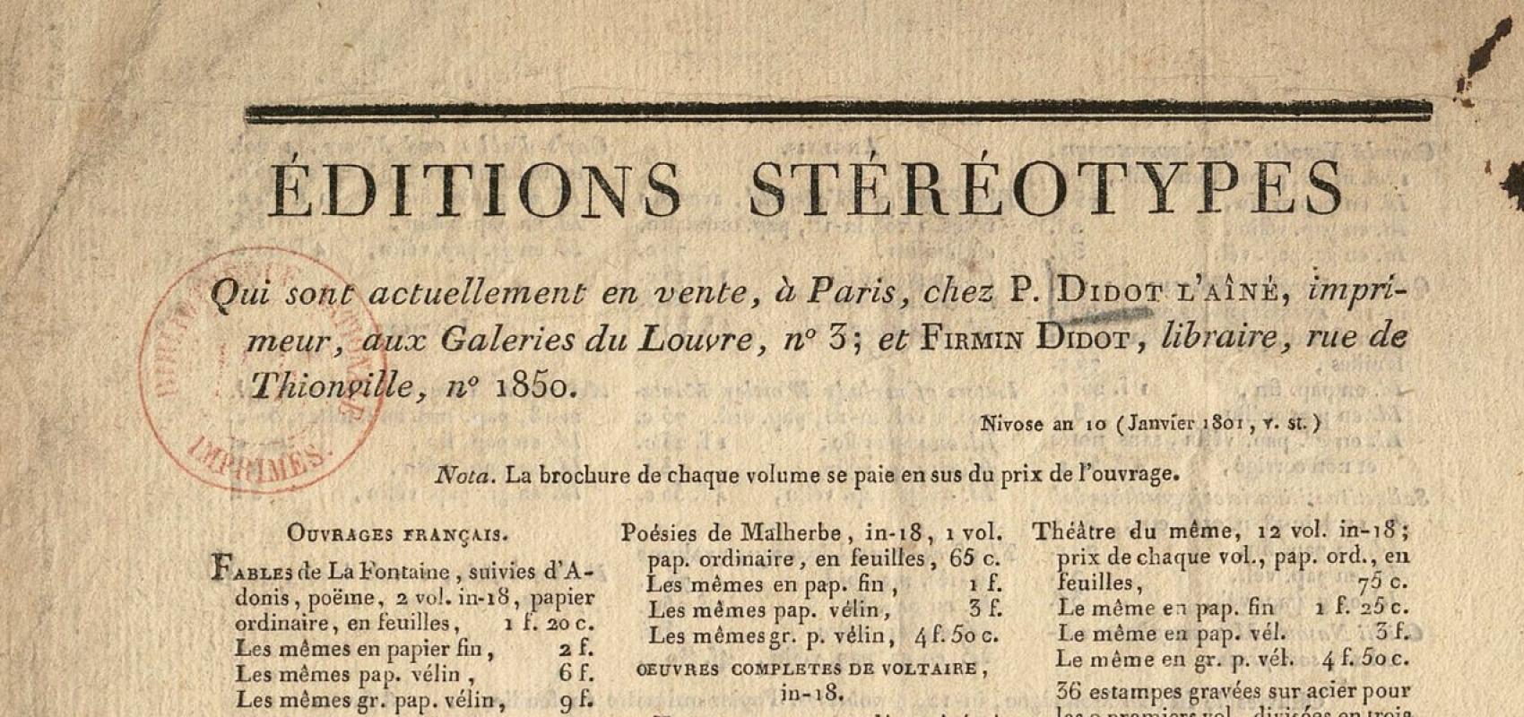 Éditions stéréotypes qui sont actuellement en vente, à Paris, chez P. Didot l'aîné, imprimeur -  - BnF, département Littérature et arts