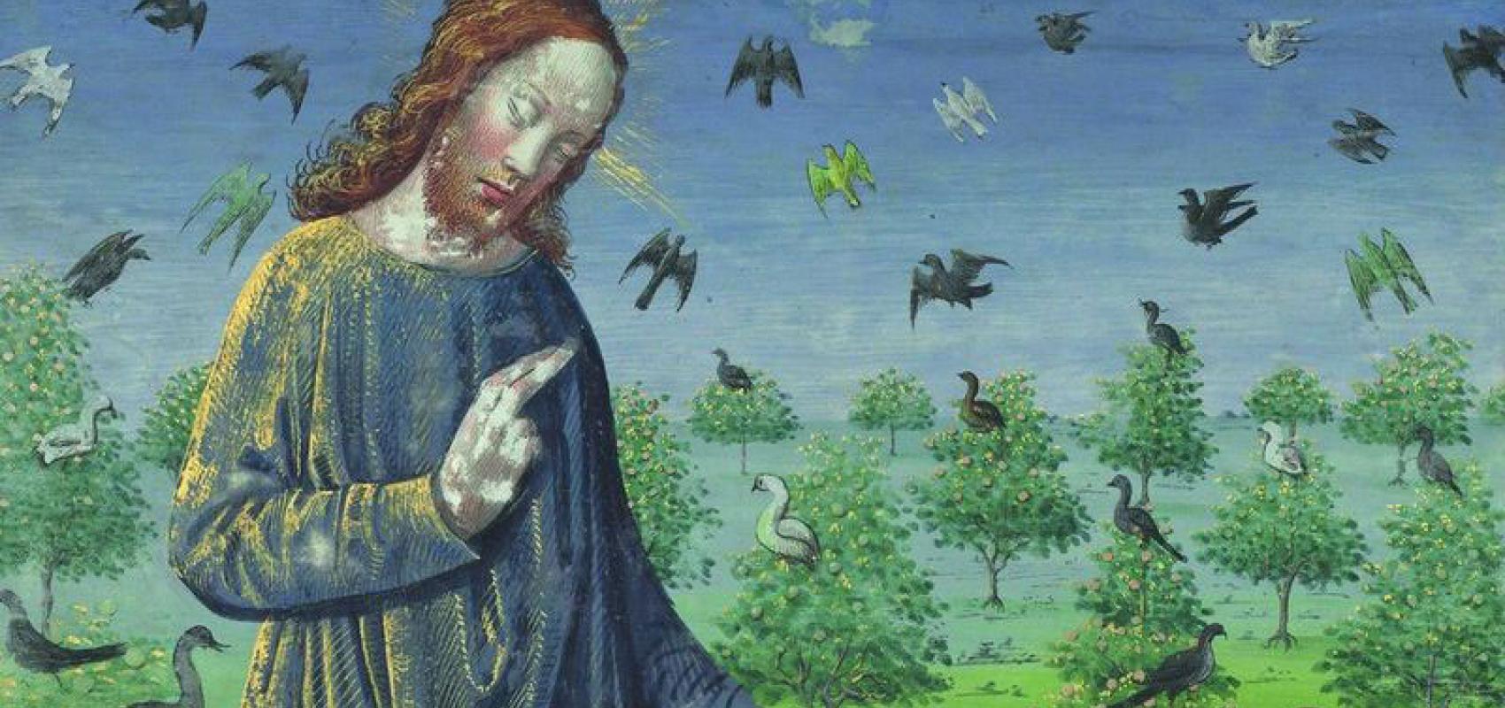 Création des animaux, enluminure de Jean Colombe extraite des Heures de Louis de Laval, Bourges (et Tours ?), vers 1470-1485. BnF, département des Manuscrits - - BnF