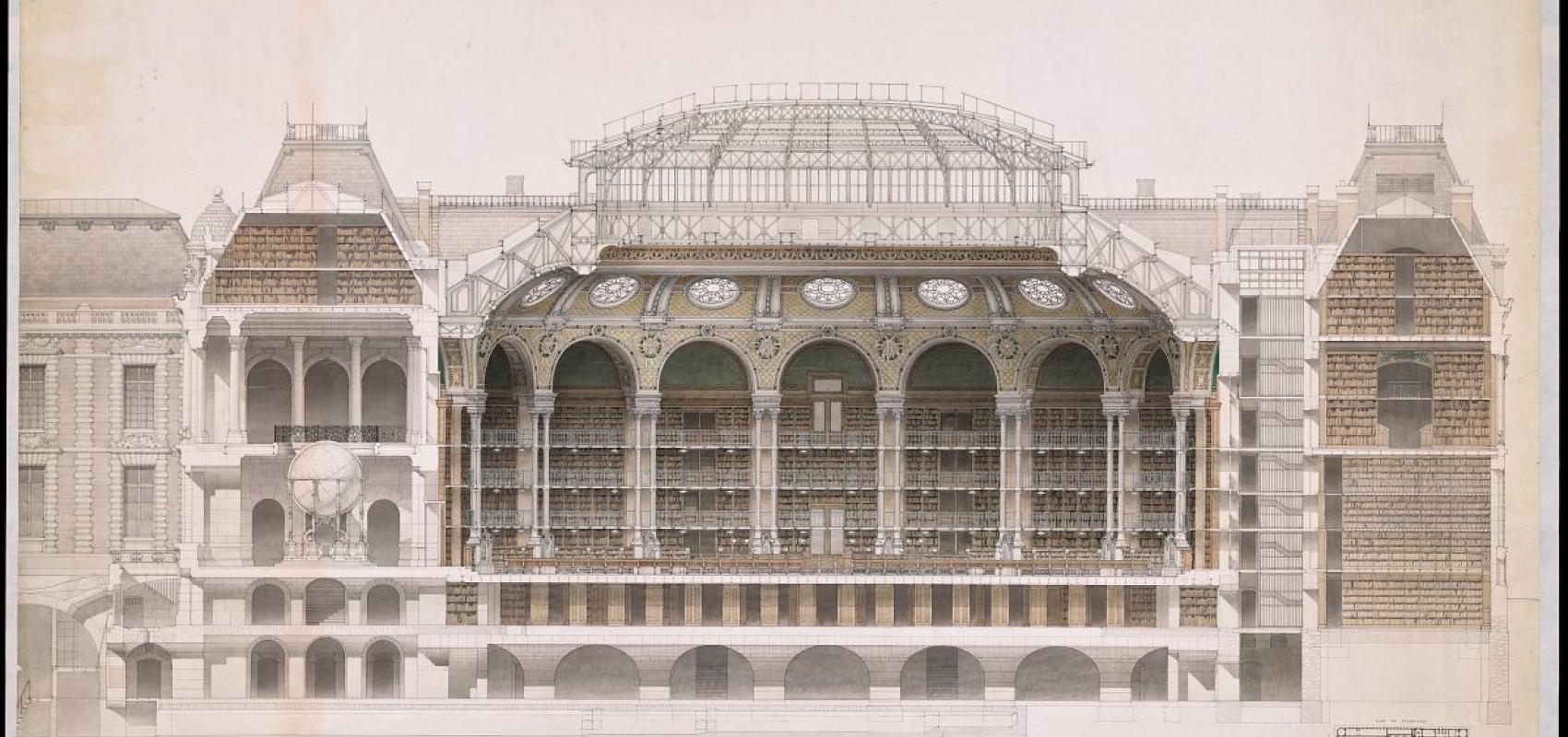 Bibliothèque nationale coupe suivant le grand axe de la salle ovale, dessin de Jean-Louis Pascal - 1892 - BnF, département des Estampes et de la photographie