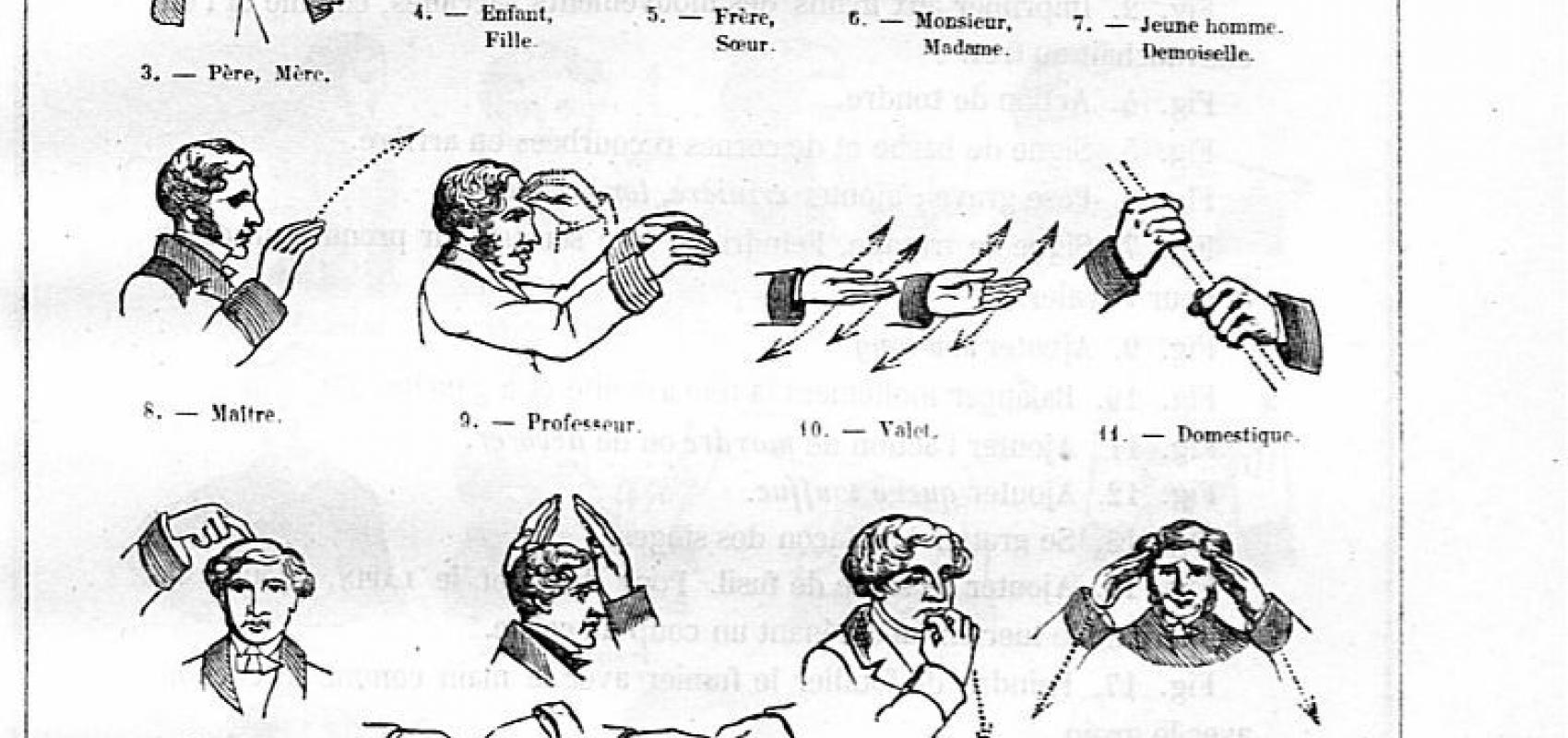 Iconographie des signes faisant partie de "l'Enseignement primaire des sourds-muets"... Par Pélissier, P. (professeur à l'Institut national des sourds-muets).  (Paris), 1856. BnF, département Philosophie, histoire, sciences de l'homme -  - BnF