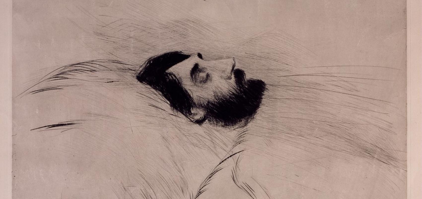 Marcel Proust sur son lit de mort, par Paul Helleu, pointe sèche, 1922. BnF, département des Estampes et de la photographie -  - BnF