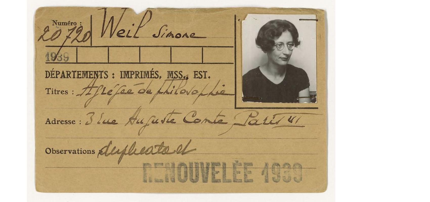 Carte de lectrice de Simone Weil, agrégée de philosophie - 1939 - BnF, Archives administratives de la Bibliothèque