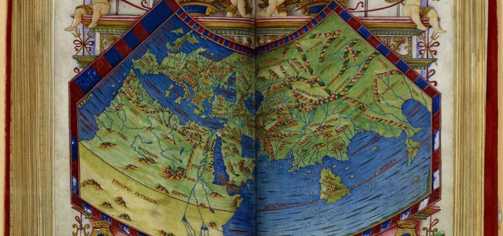 Mappemonde extraite de la « Cosmographie », Claude Ptolémée, Claude Ptolémée, traduction latine par Jacopo d'Angelo, Naples, 1490. BnF, département des Manuscrits -  - BnF