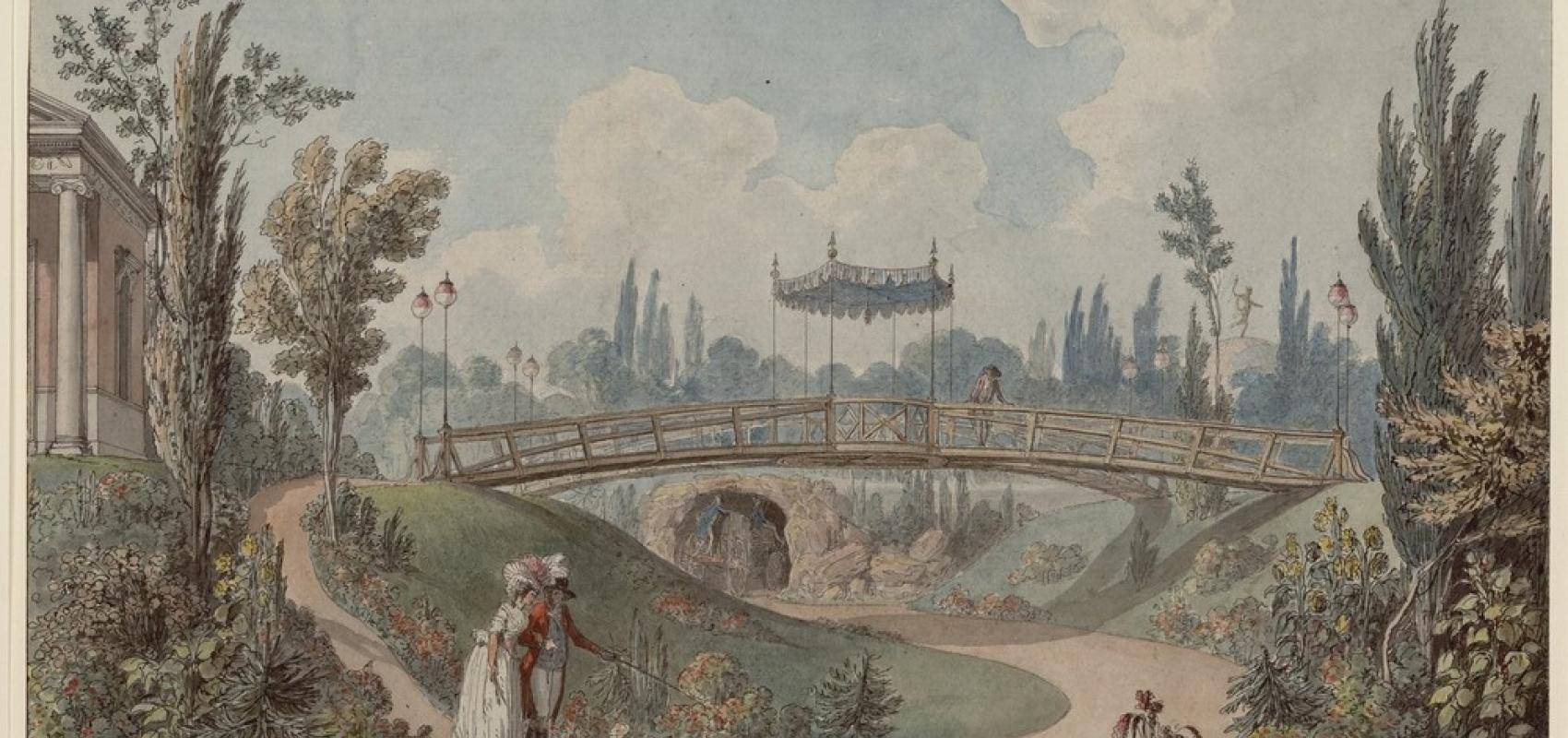 François-Joseph Bélanger, Intérieur du jardin Beaumarchais, 1788, Aquarelle, plume et encre de Chine. BnF, dép. Estampes et photographie - - BnF