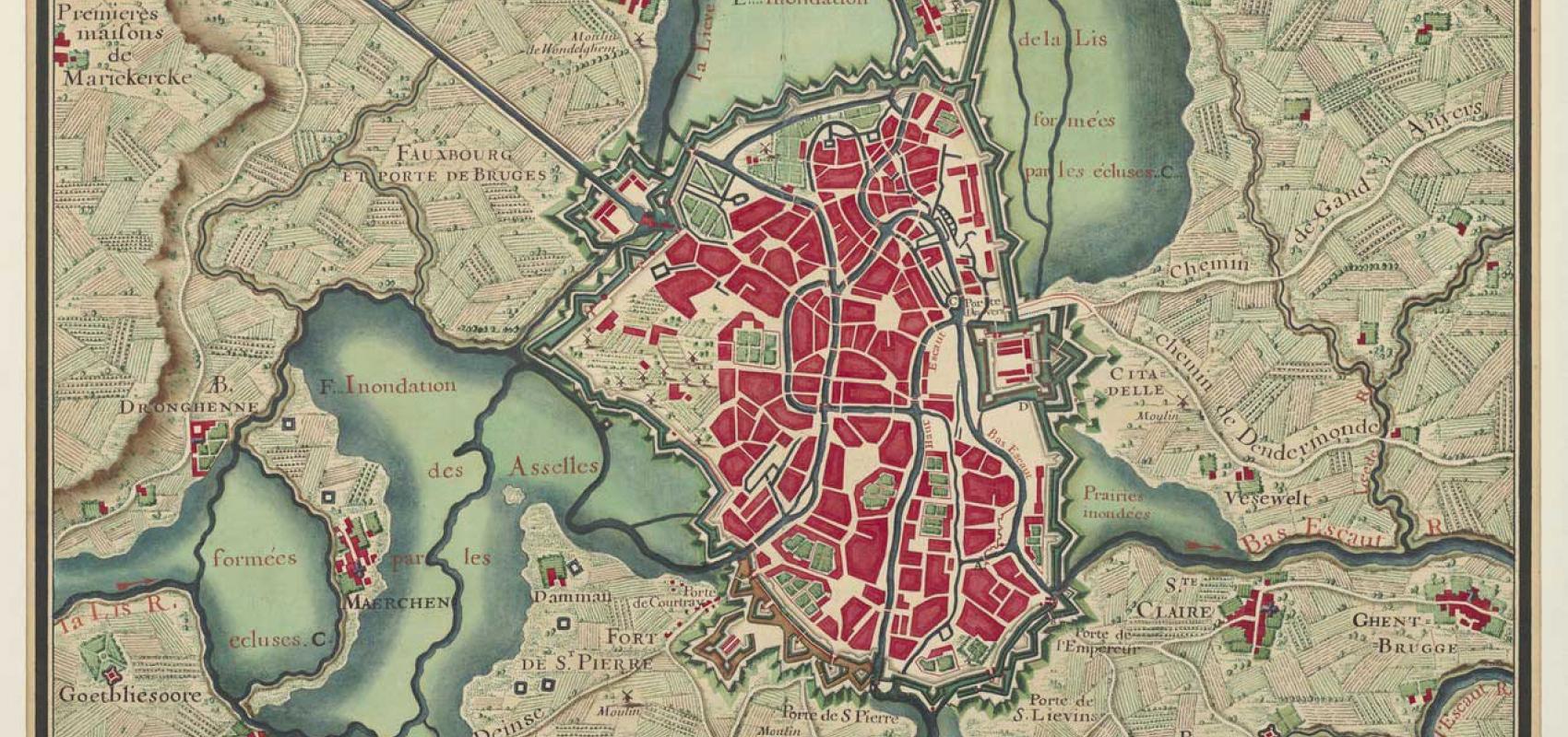Plan de Gand, dans Cartes des environs de plusieurs places entre l'Escault et la Meuse, vers 1700.  BnF, département des Cartes et plans -  - BnF