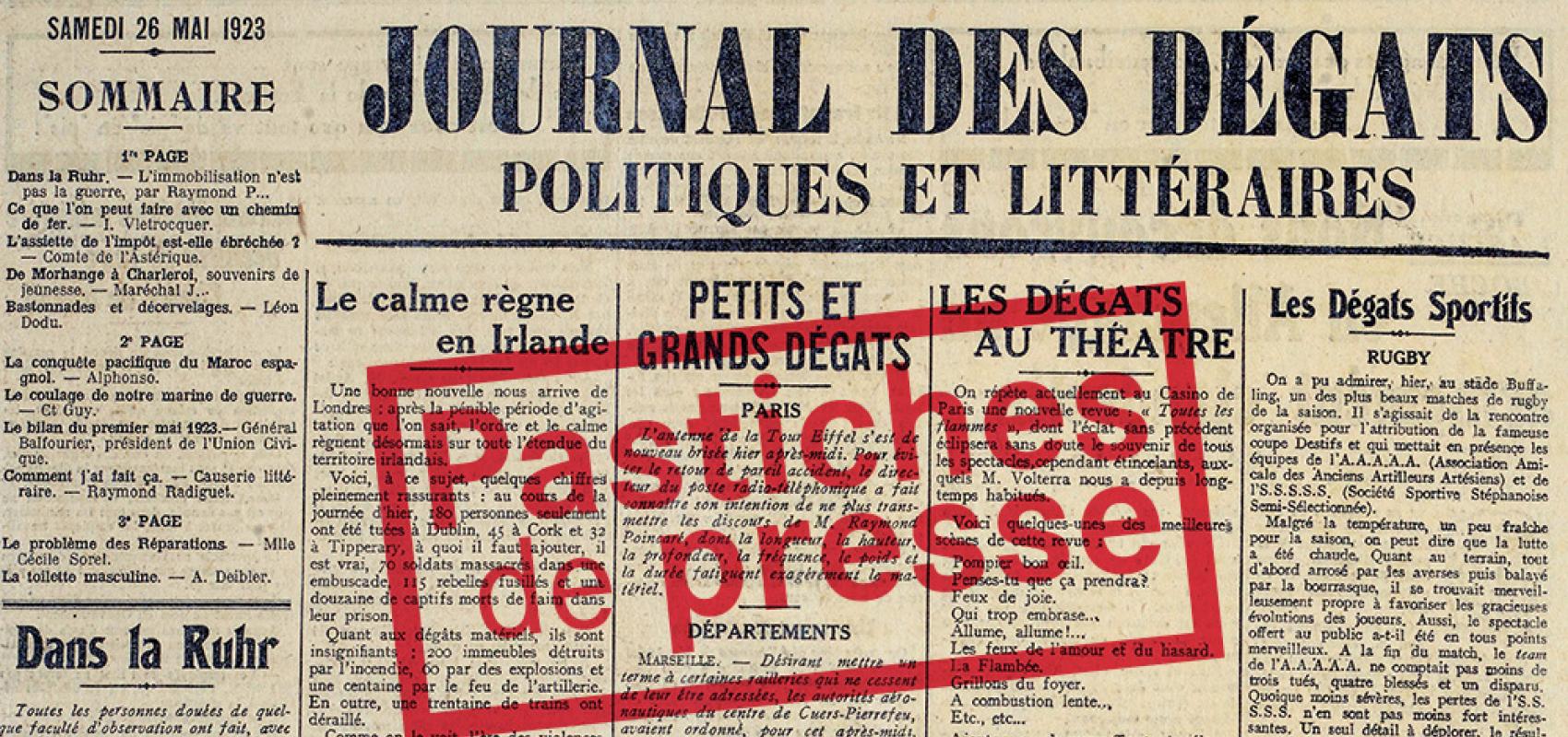 « Journal de dégâts politiques et littéraires », publié en page 5 du « Merle blanc » - 26 mai 1923 - BnF, département Droit, économie, politique