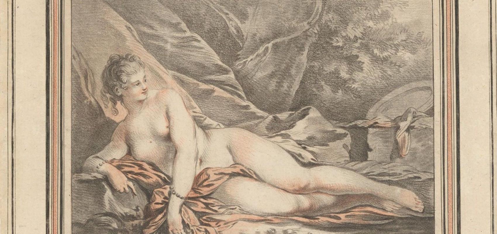 Femme nue étendue sur une draperie au pied d'un arbre, appuyée sur le coude, estampe, Gilles Demarteau, graveur / François Boucher, dessinateur du modèle - - BnF, Estampes et photographie