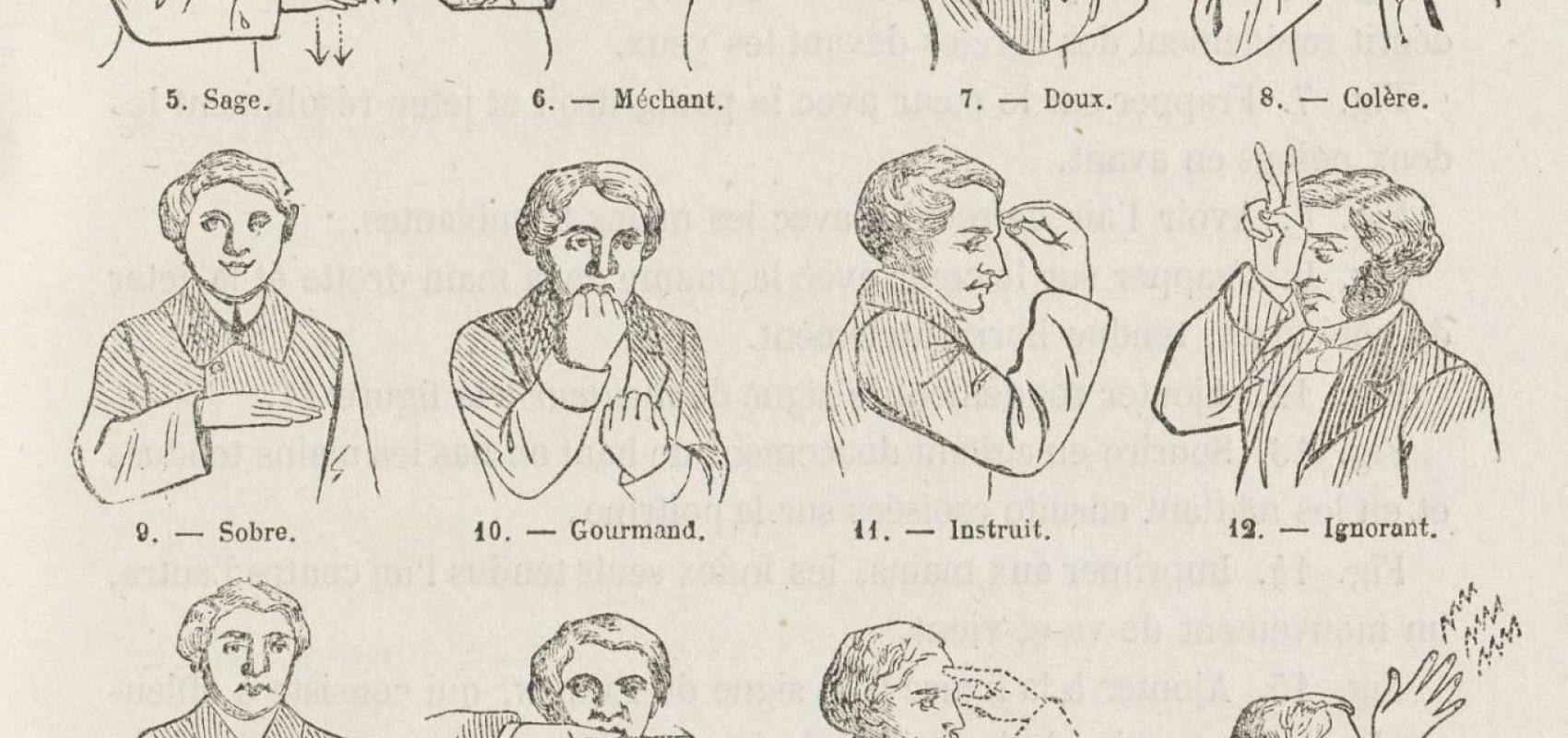 Iconographie des signes, dans Pélissier, Enseignement primaire des sourds-muets, Paris, Dupont, 1856. BnF, R-45923 - 1856 - BnF, département Philosophie, histoire, sciences de l'homme