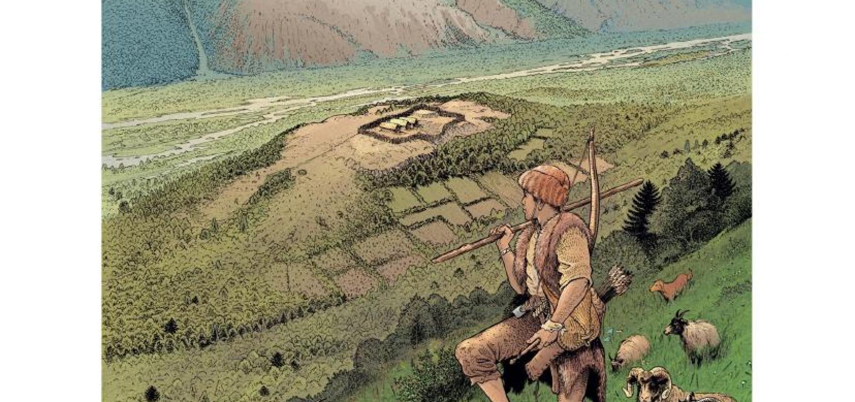Reconstitution du site d’habitat d’Heidnisch Bühl (Rarogne, Valais, Suisse) et de son paysage au Néolithique moyen - Vers 3500 av. J.-C. - © : Gallay ed. 2006 « Des Alpes au Léman : images de la préhistoire », dessin A. Houot