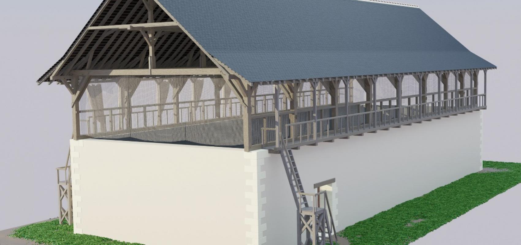 Restitution 3D de la salle du jeu de paume de Chinon au début du XVIIe siècle. Vue depuis l’extérieur - - © Nicolas Holzem, Inrap