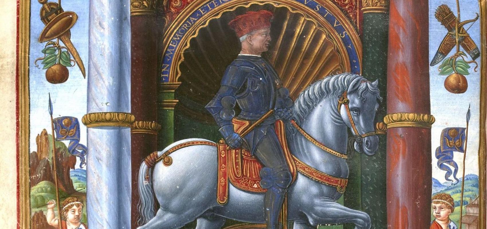 Portrait équestre du condottiere Muzio Attendolo Sforza, dans Vita di Muzio Attendolo Sforza (Vie de Muzio Attendolo Sforza), Antonio Minuti, Milan (détail) - Milan,1491 - © BnF, département des Manuscrits