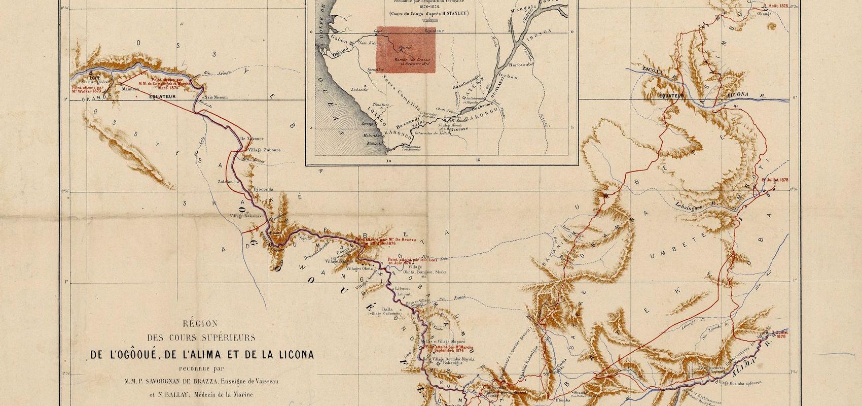 Région des cours supérieurs de l'Ogôoué, de l'Alima et de la Licona reconnue par M.M.P. Savorgnan de Brazza et N. Ballay - 1879 - BnF, département des Cartes et plans