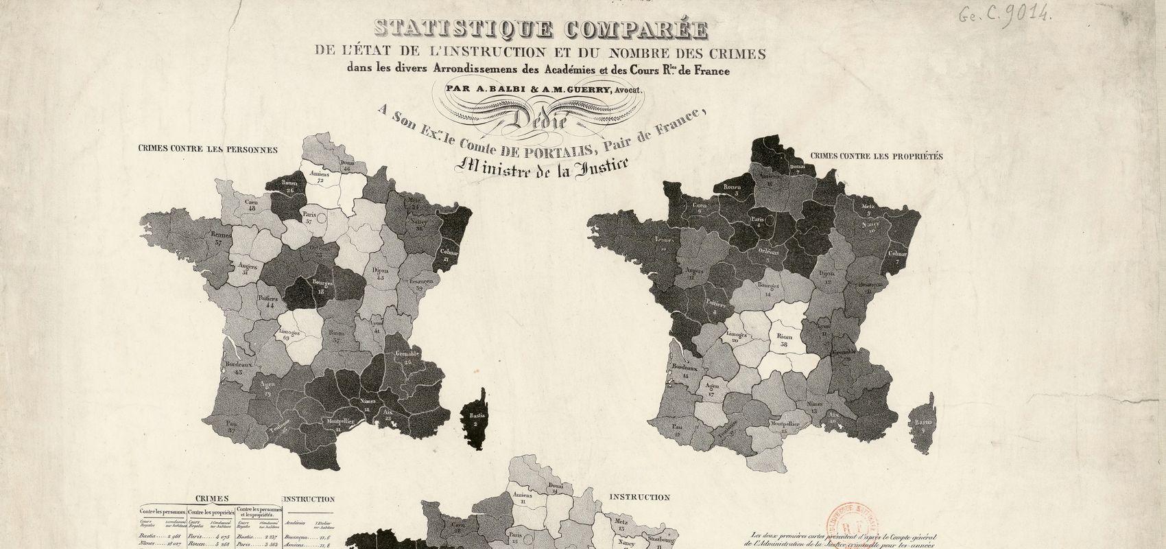 Statistique comparée de l'état de l'instruction et du nombre des crimes dans les divers Arrondissements des Académies et des Cours Royales de France - 1827 - BnF, département des Cartes et plans