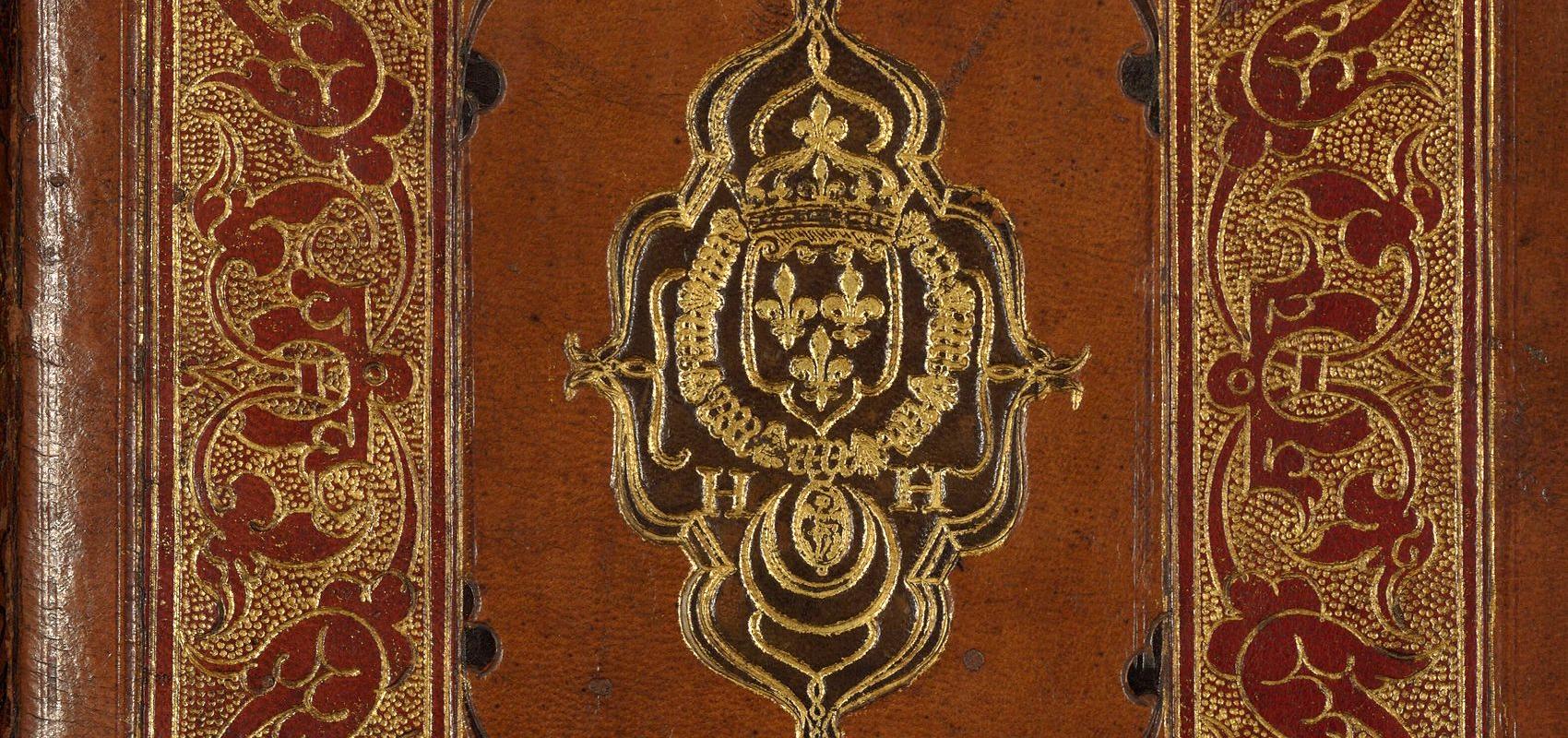 Reliure à la grecque en maroquin orange mosaïqué et peint, à bordure dorée de rinceaux, aux armes de Henri II, roi de France, Paris, atelier de Claude Picque – Sur Johann Schöner, « Opera mathematica », Nuremberg, Johannes Montanus, Ulrich Neuber - vers 1556 - BnF, Réserve des livres rares, RES-V-215, plat supérieur