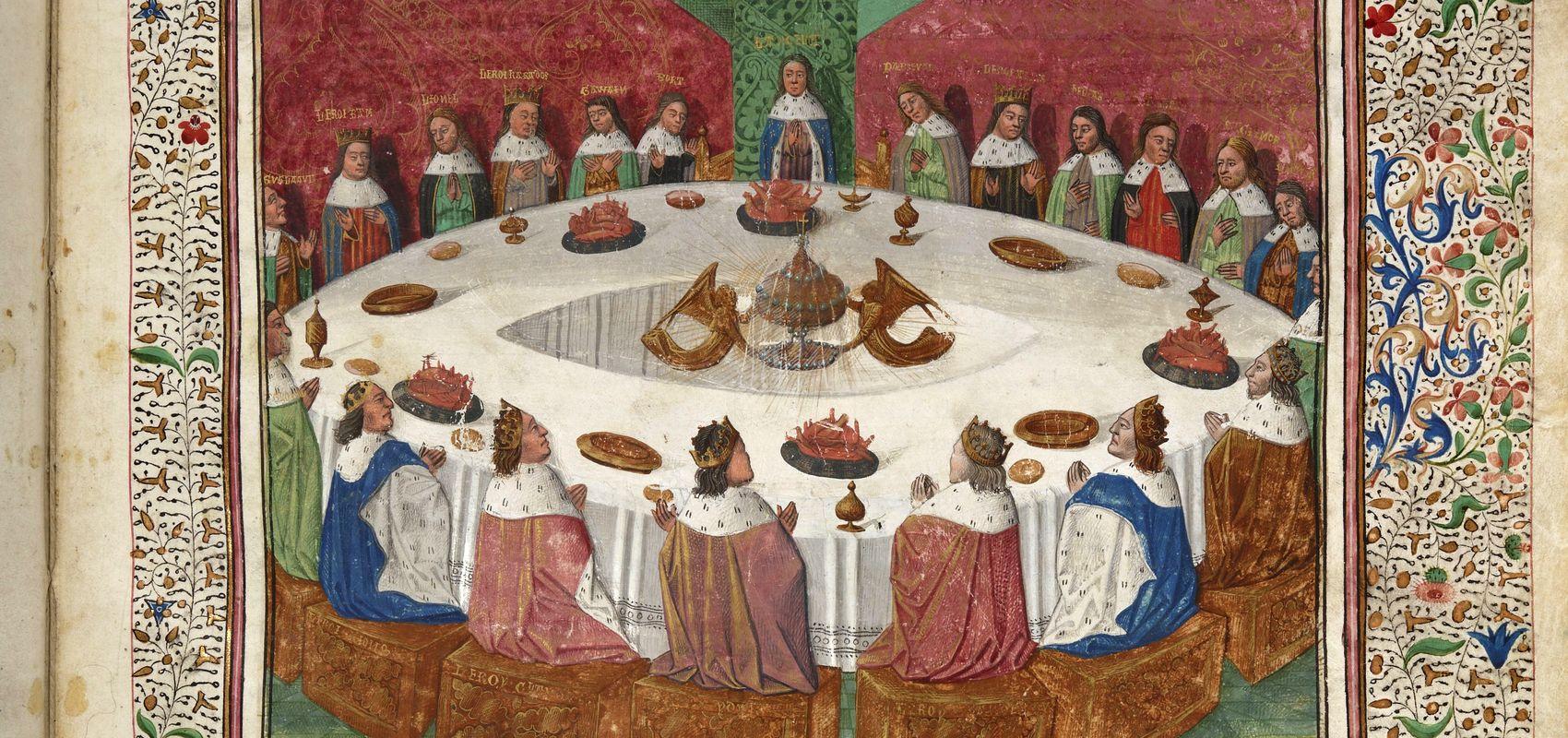 Comment le Saint Graal apparut aux chevaliers de la Table ronde, dans Compilation arthurienne de Micheau Gonnot. Gautier Map, La Queste del Saint-Graal - 1470 - BnF, département des Manuscrits