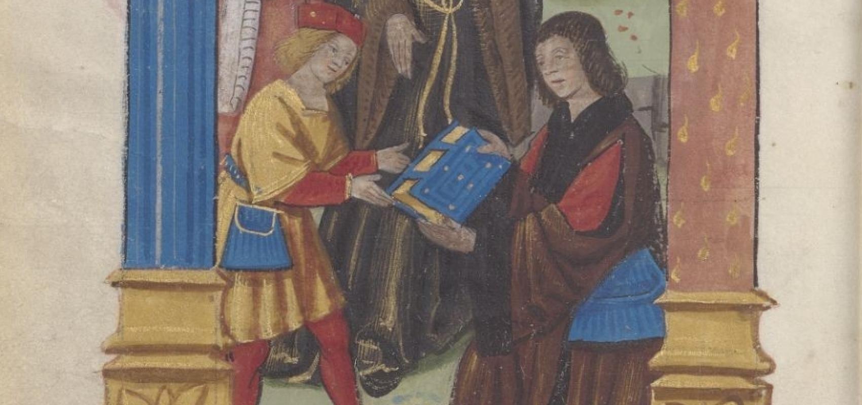 Scène de dédicace au jeune François d'Angoulême, attribuée au maître de Philippe de Gueldre, dans Octovien de Saint Gelais, « Le Séjour d'honneur » - 1503 - BnF, Réserve des livres rares