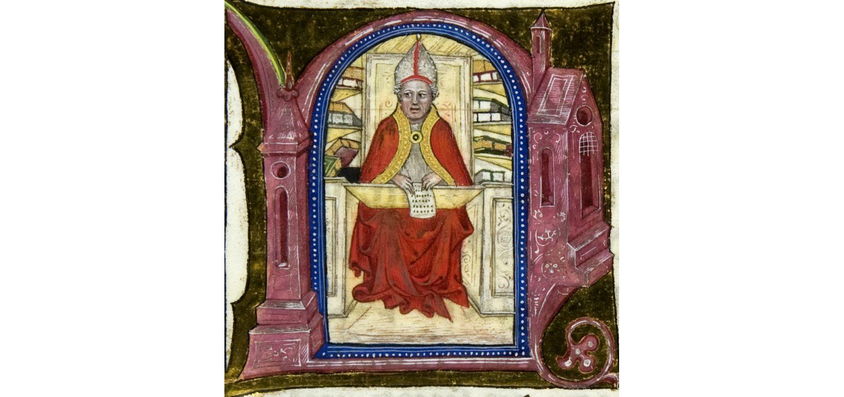 Le pape Nicolas V, déguisé en Denys l’Aréopagite, parmi ses livres -  - Bibliothèque apostolique vaticane, Ms. Vat. lat. 171, f. 138.v (Copyright BAV)